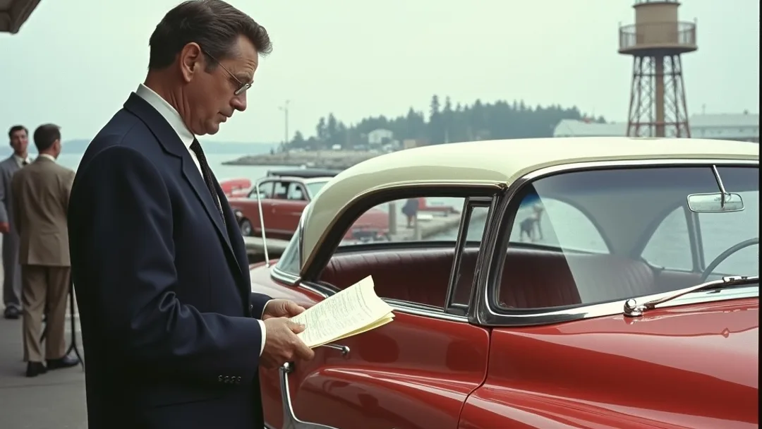 A person in a suit examining a classic car at a 1950s dealership with paperwork in hand, Halifax waterfront and lighthouse visible in the distant background