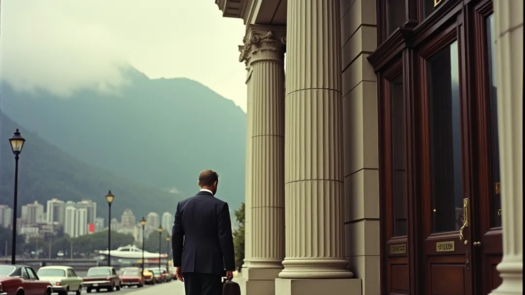 A 1950s vintage photograph of a determined person walking into a stately bank building with briefcase in hand, with Pacific mountains and Vancouver heritage architecture visible in the background