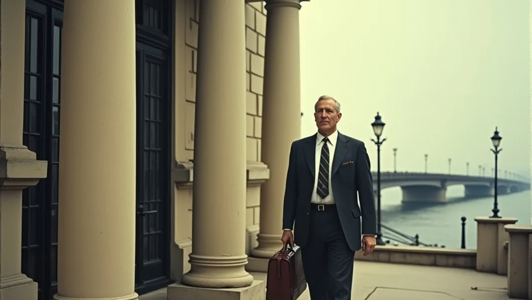 A 1950s vintage Kodachrome photograph of a determined person walking into a stately bank building with briefcase in hand, with a Maritime harbour and covered bridge visible in the distant background