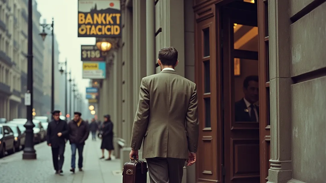 Photographie vintage Kodachrome des années 1950 d'une personne déterminée entrant dans un édifice bancaire majestueux avec une mallette, les rues pavées du Vieux-Montreal et des enseignes francophones visibles en arrière-plan