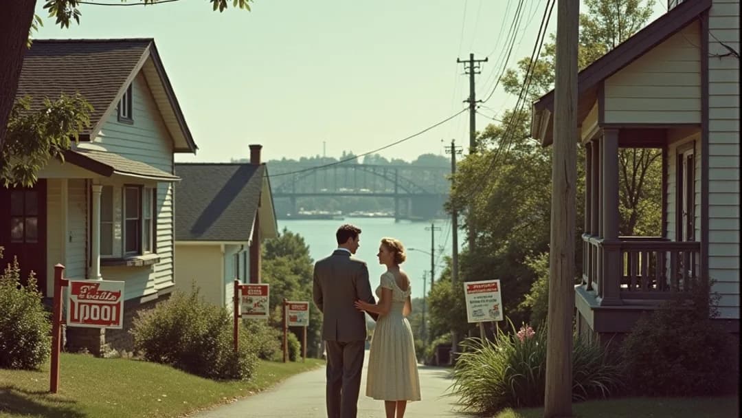 Un couple des années 1950 en tenue d'époque debout entre deux maisons sur une rue bordée d'arbres avec une pancarte Vendu et une pancarte À vendre, un port maritime et un pont couvert visibles en arrière-plan