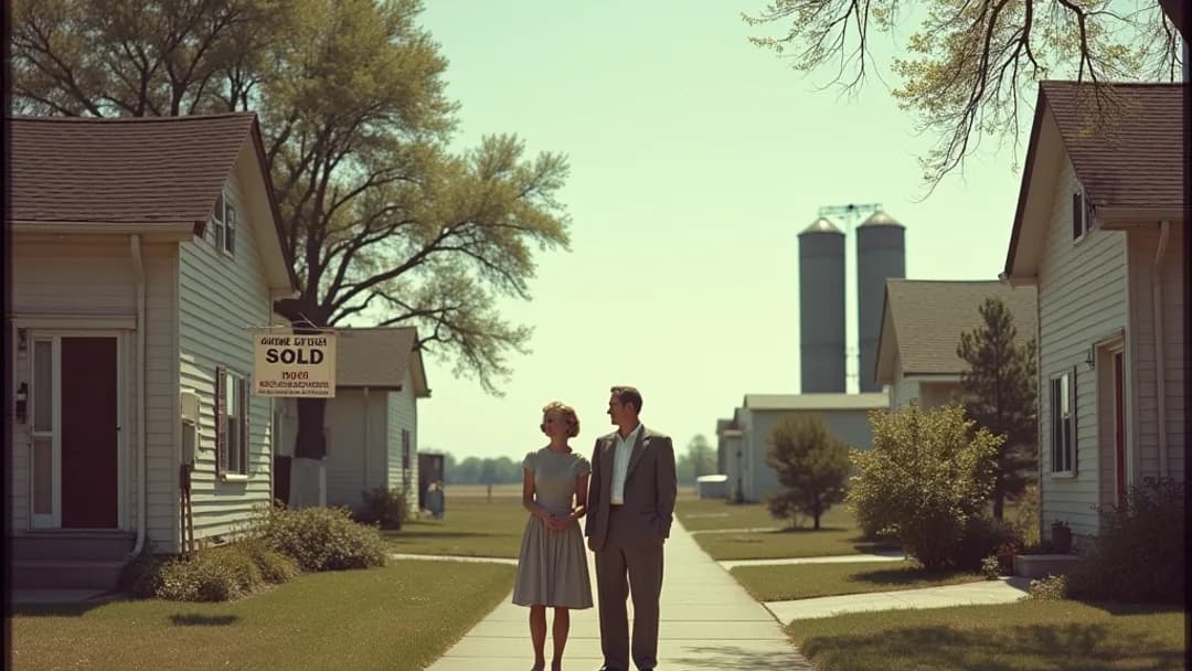 A 1950s couple in period clothing standing between two houses on a tree-lined suburban street with a Sold sign and a For Sale sign, grain elevators and wide prairie sky visible in the distant background