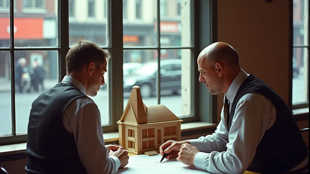 Un architecte des années 1950 en gilet révisant des plans avec un banquier à un bureau avec une maquette de bâtiment, les rues pavées du Vieux-Montréal et l'architecture de la ville de Québec visibles par la fenêtre avec des enseignes francophones