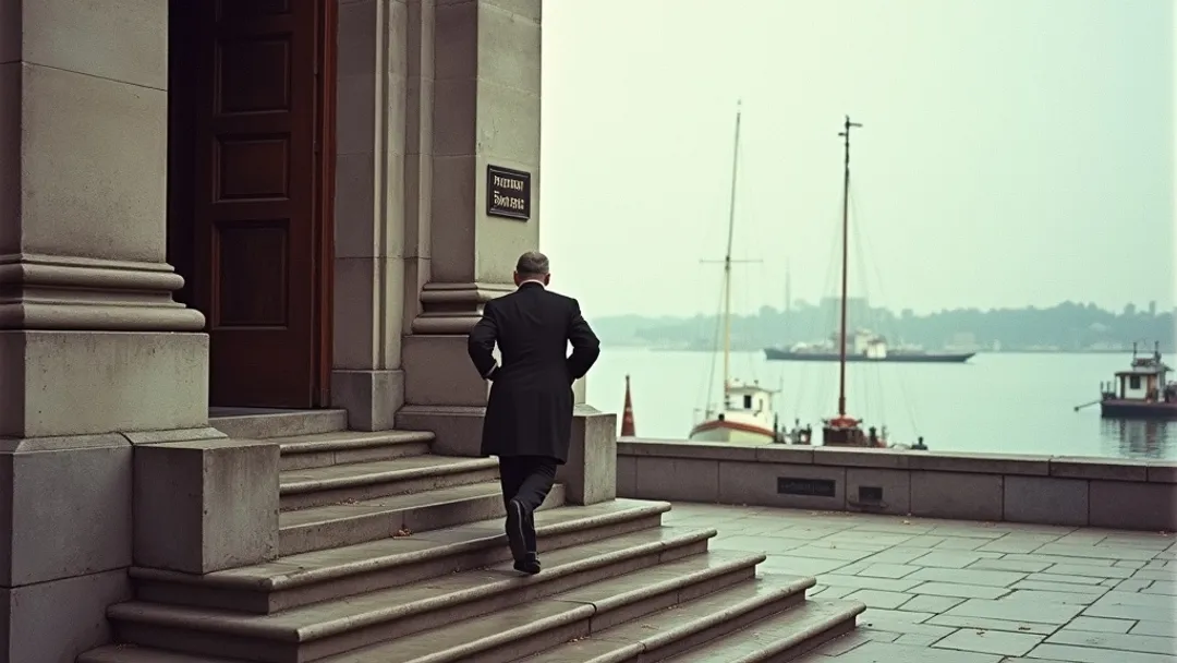 Une personne montant les marches d'un imposant édifice bancaire en pierre, avec le port de Halifax et un phare visibles en arrière-plan, style photographie Kodachrome vintage des années 1950