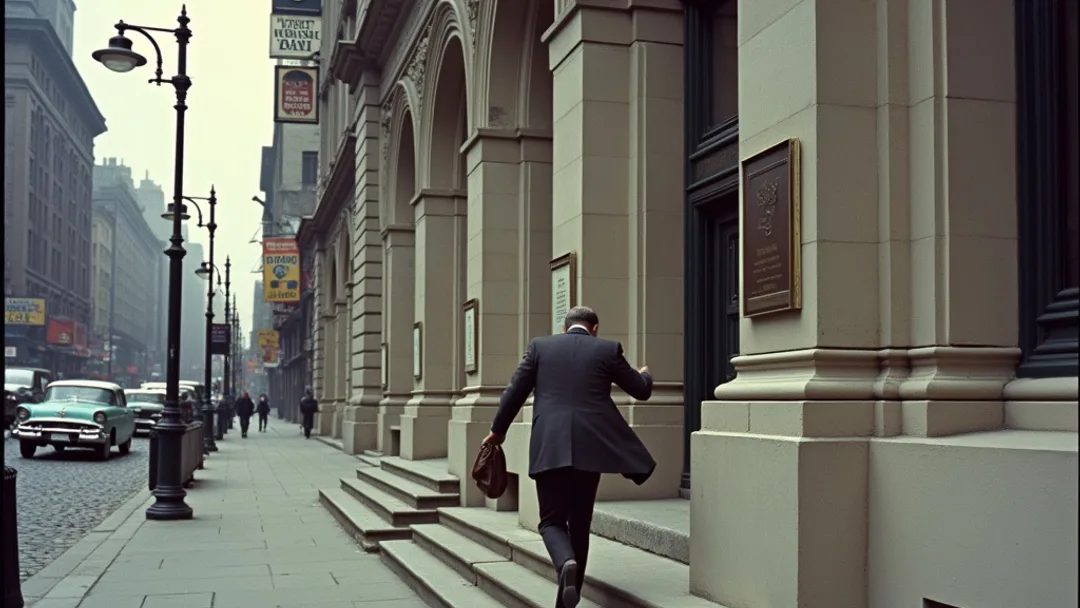A person hurrying up the steps of a grand stone bank building, Old Montreal cobblestone streets and Quebec City architecture visible in the background with Francophone signage, 1950s vintage Kodachrome photograph style