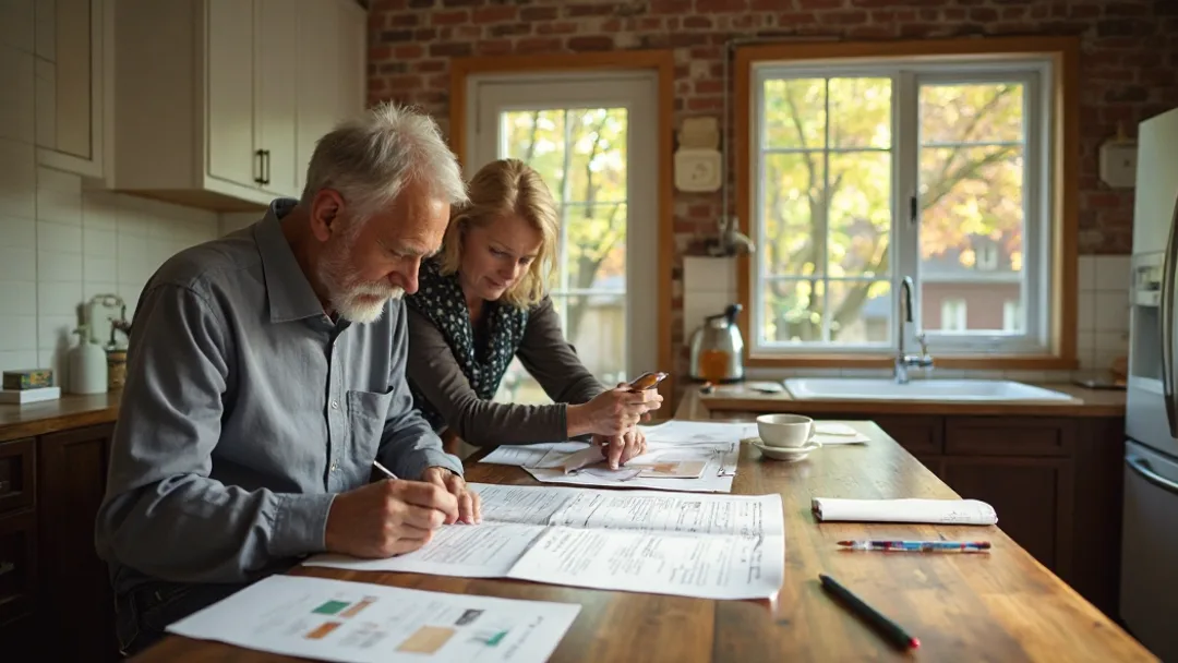Un propriétaire examine des plans de rénovation sur un îlot de cuisine avec des échantillons de carrelage et des soumissions d'entrepreneurs, intérieur d'une maison en briques de l'Ontario, quartier mature visible par la fenêtre