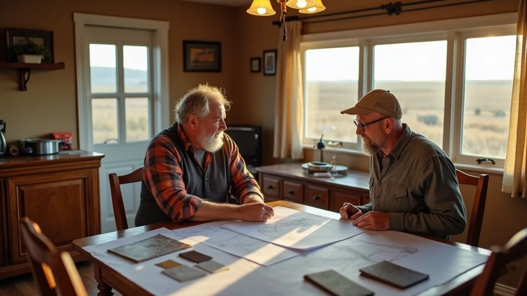 Un propriétaire de la Saskatchewan examine des plans de rénovation à une table de salle à manger avec des échantillons de matériaux étalés, intérieur de bungalow ancien avec vue sur les terres agricoles plates des Prairies par la fenêtre