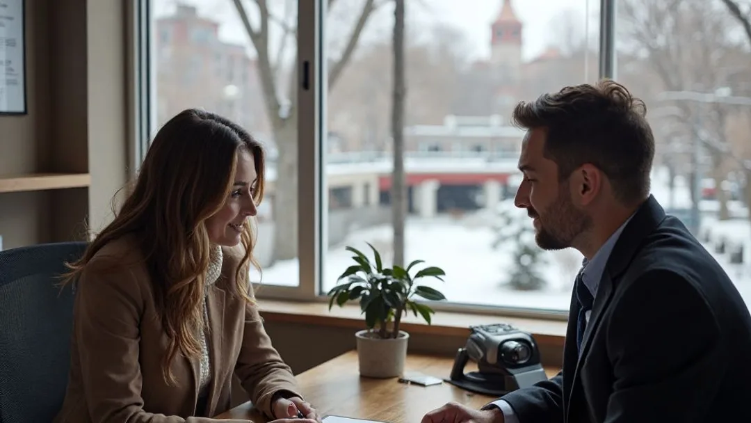 A loan officer and client reviewing installment loan documents at a desk in a Winnipeg office, snow-covered cityscape and the Red River visible through the window