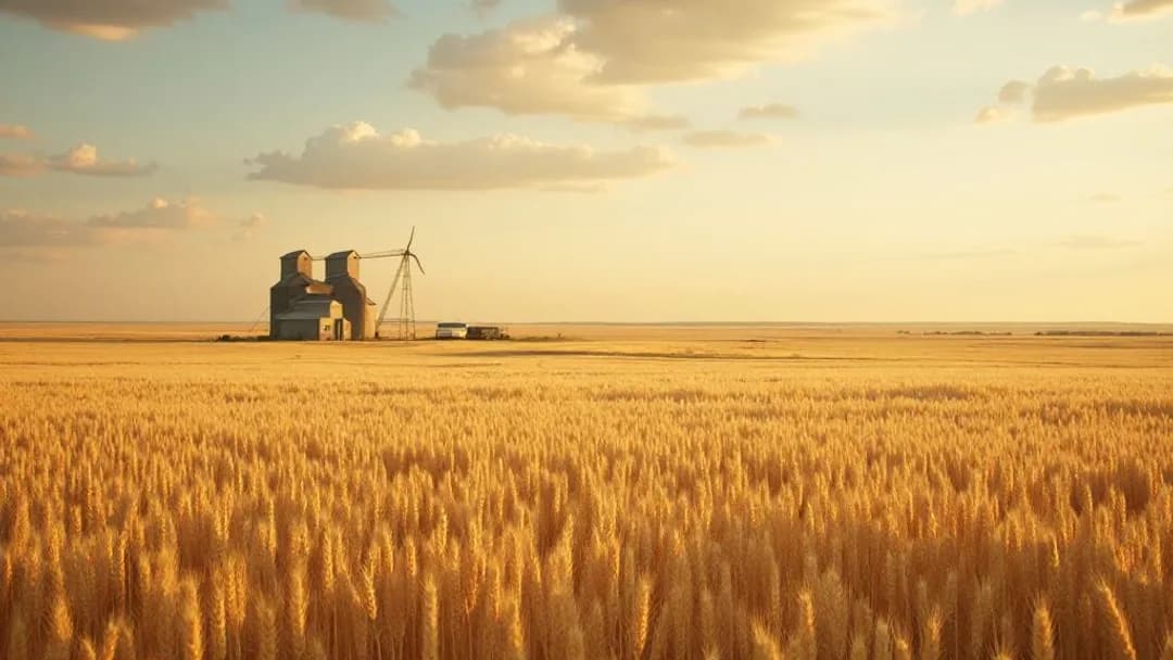 Golden prairie wheat field stretching to the horizon under a wide Saskatchewan sky with grain elevators visible in the distance