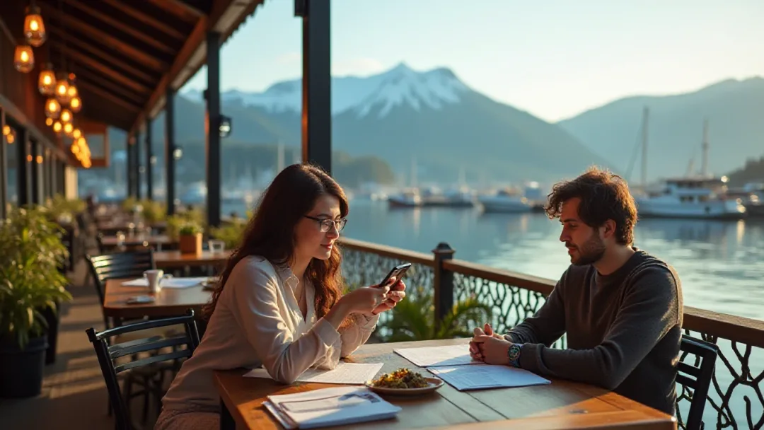 Une personne consultant une notification d'approbation de prêt sur son téléphone dans un café au bord de l'eau avec les montagnes de la Colombie-Britannique et le port du Pacifique en arrière-plan