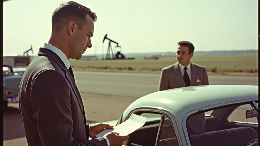 Une personne en costume examinant une voiture classique dans un concessionnaire des années 1950 avec des documents en main, paysage de prairies albertaines et derricks pétroliers visibles en arrière-plan