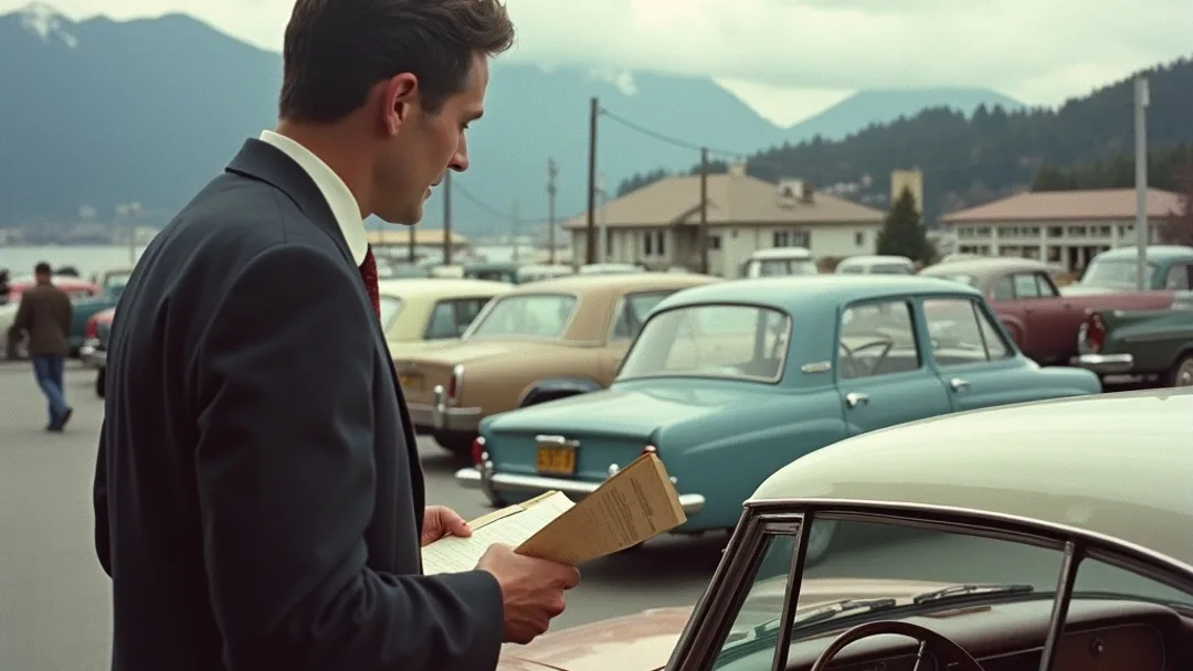 Une personne en costume examinant une voiture classique dans un concessionnaire des années 1950 avec des documents en main, montagnes et port du Pacifique visibles en arrière-plan avec des bâtiments patrimoniaux de Vancouver