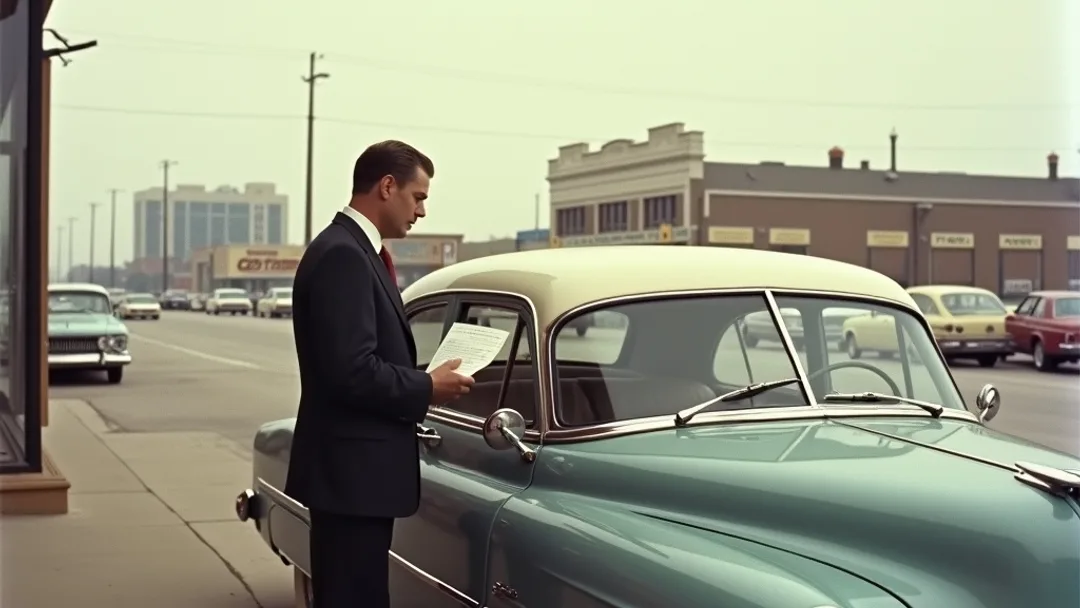 Une personne en costume examinant une voiture classique dans un concessionnaire des années 1950 avec des documents en main, bâtiments patrimoniaux du quartier Exchange de Winnipeg et horizon plat des prairies en arrière-plan