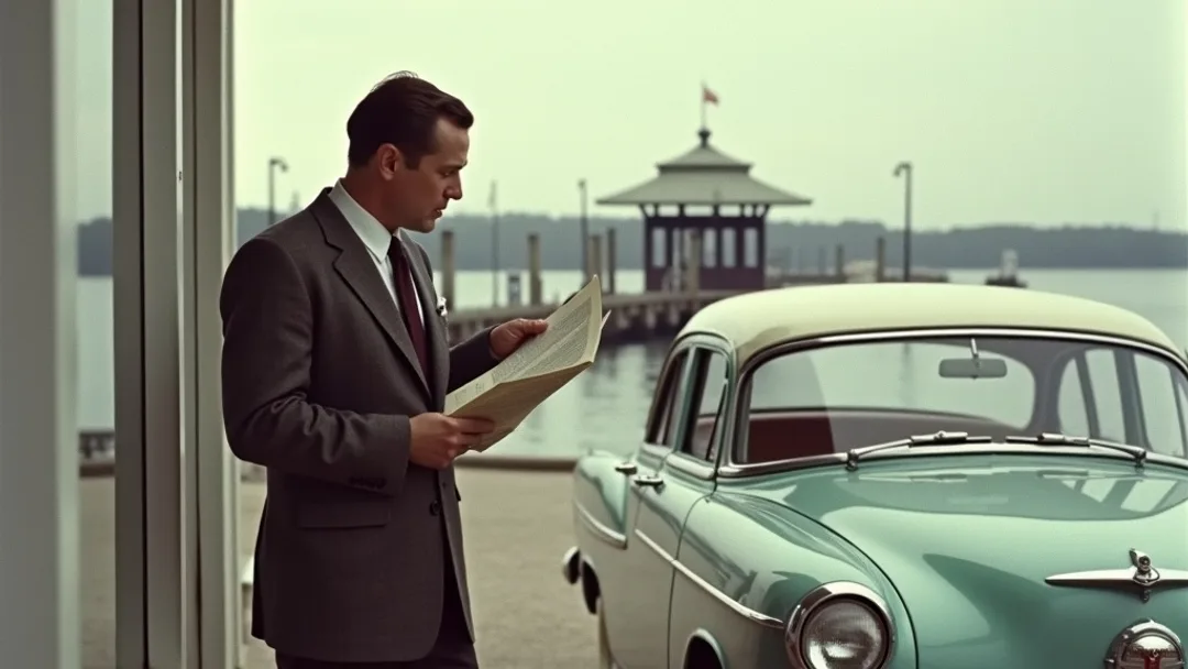 Une personne en costume examinant une voiture classique dans un concessionnaire des années 1950 avec des documents en main, un port maritime et un pont couvert visibles en arrière-plan