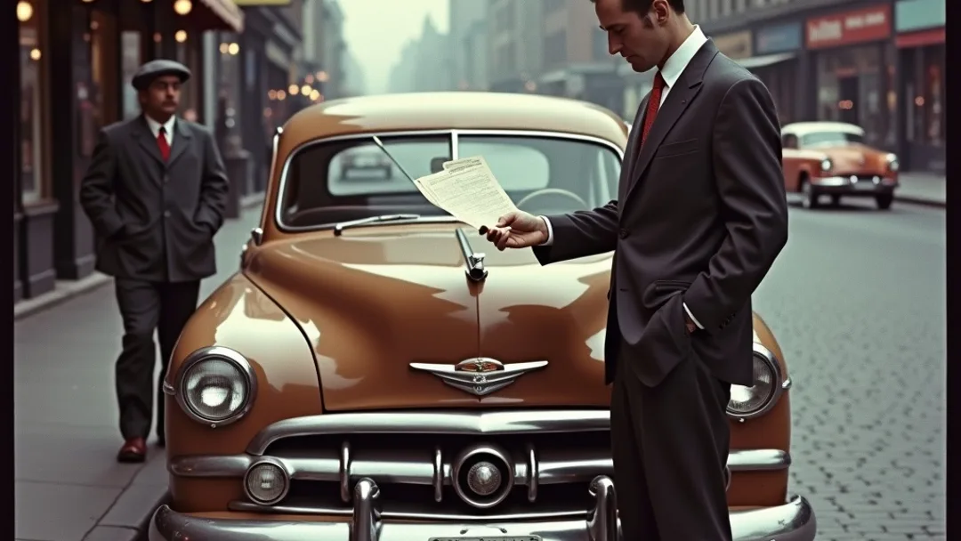 Une personne en costume examinant une voiture classique dans un concessionnaire des années 1950 avec des documents en main, rues pavées du Vieux-Montréal et architecture de Québec visibles en arrière-plan avec des enseignes francophones