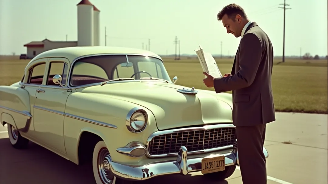 Une personne en costume examinant une voiture classique dans un concessionnaire des années 1950 avec des documents en main, des élévateurs à grain et un vaste ciel de prairie visibles en arrière-plan