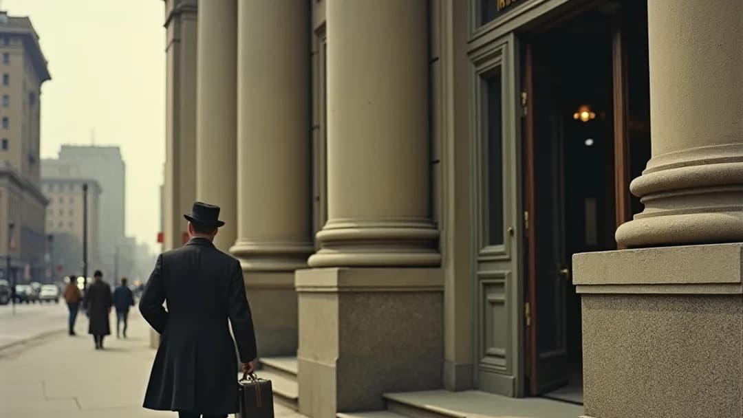 A 1950s vintage Kodachrome photograph of a determined person walking into a stately bank building with briefcase in hand, with Winnipeg Exchange District buildings and prairie horizon visible in the background