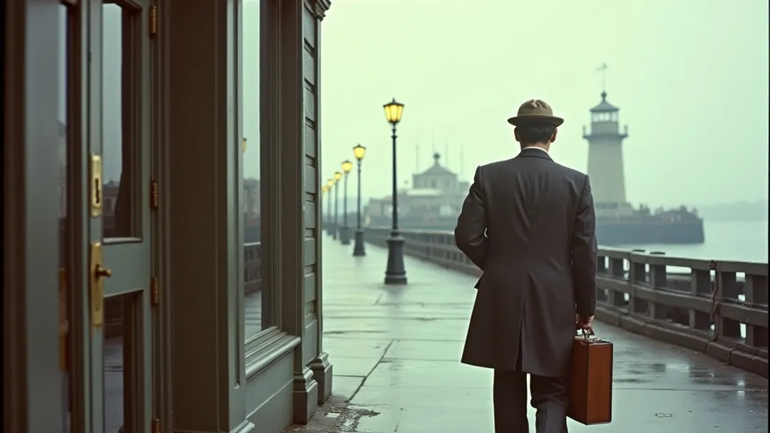 A 1950s vintage Kodachrome photograph of a determined person walking into a stately bank building with briefcase in hand, Halifax waterfront and lighthouse visible in the distant background