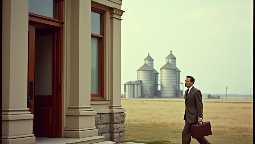 A 1950s vintage Kodachrome photograph of a determined person walking into a stately bank building with briefcase in hand, grain elevators and wide prairie sky visible in the distant background