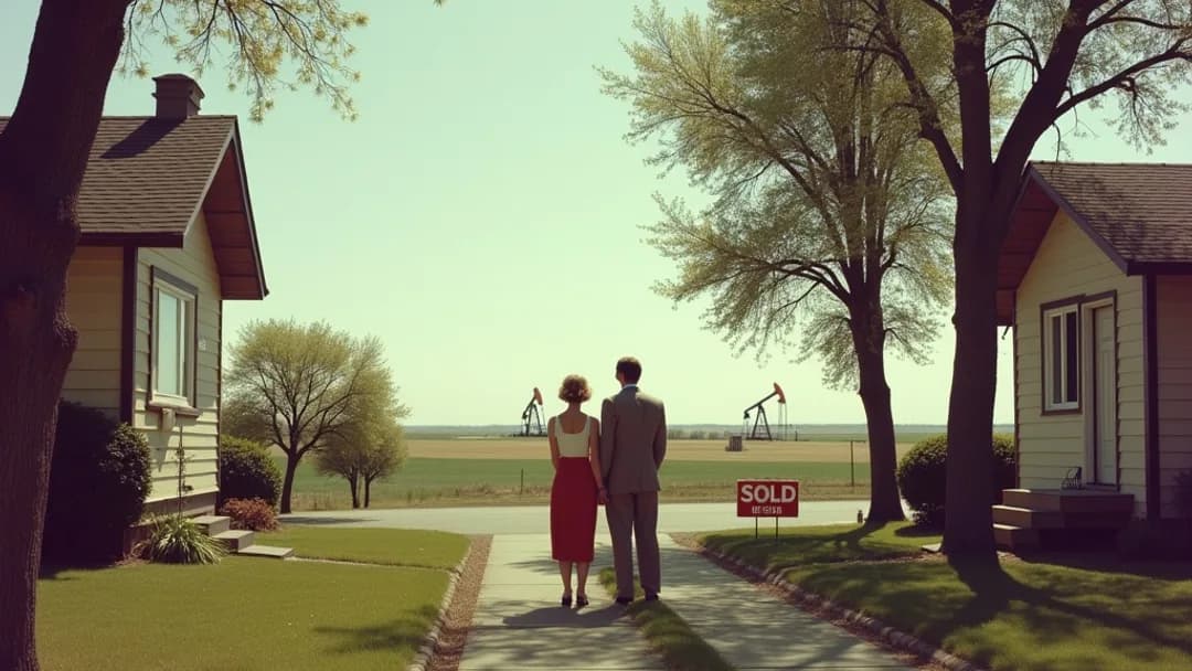 Un couple des années 1950 debout entre deux maisons sur une rue bordée d'arbres avec une pancarte À vendre, paysage de prairies albertaines et derricks pétroliers visibles en arrière-plan