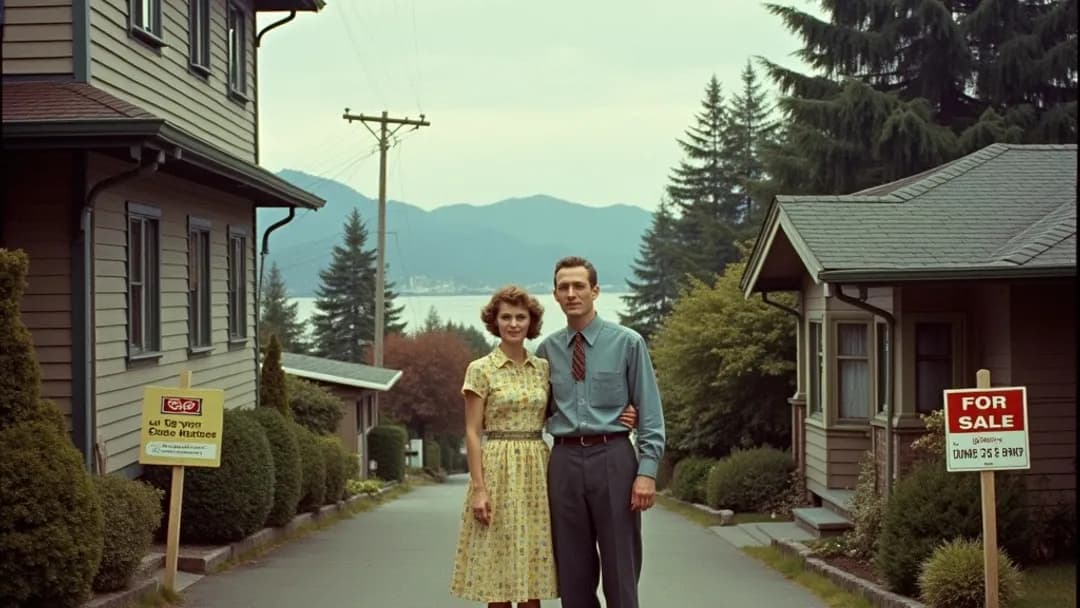 A 1950s couple in period clothing standing between two houses on a tree-lined street with a For Sale sign, Pacific coastline mountains and Vancouver harbor visible in the distant background