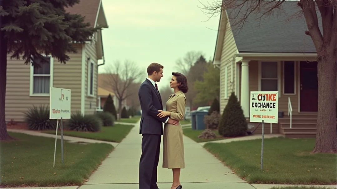 Un couple des années 1950 en tenue d'époque debout entre deux maisons sur une rue bordée d'arbres avec une pancarte Vendu et une pancarte À vendre, des bâtiments du quartier de la Bourse de Winnipeg et l'horizon des prairies en arrière-plan