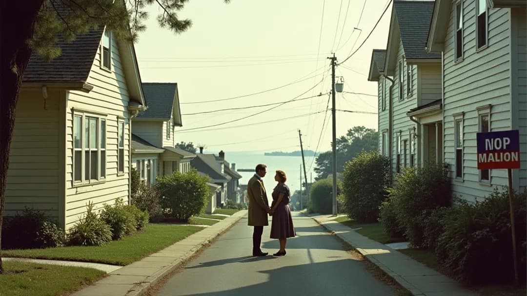 Un couple des années 1950 en tenue d'époque debout entre deux maisons sur une rue boisée avec une affiche Vendu et une affiche À vendre, le front de mer de Halifax et un phare visibles en arrière-plan