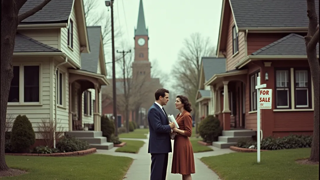 Un couple des années 1950 debout entre deux maisons sur une rue bordée d'arbres avec une pancarte À vendre, représentant le financement relais entre propriétés en Ontario