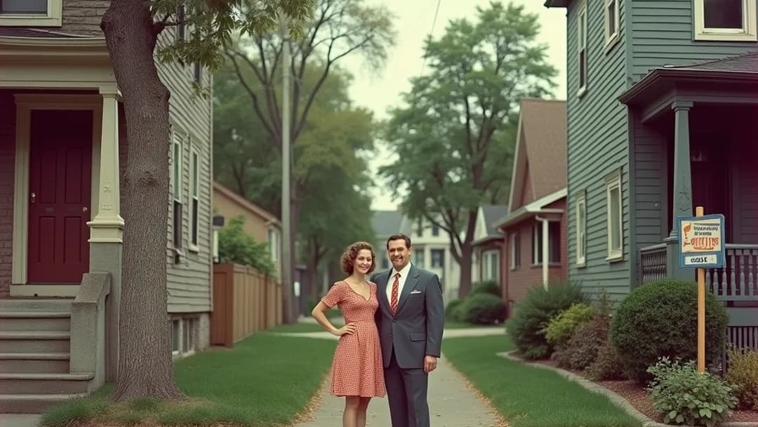 Un couple des années 1950 en tenue d'époque debout entre deux maisons sur une rue bordée d'arbres avec une affiche Vendu et une affiche À vendre, les rues pavées du Vieux-Montréal et l'architecture de Québec avec des enseignes francophones en arrière-plan