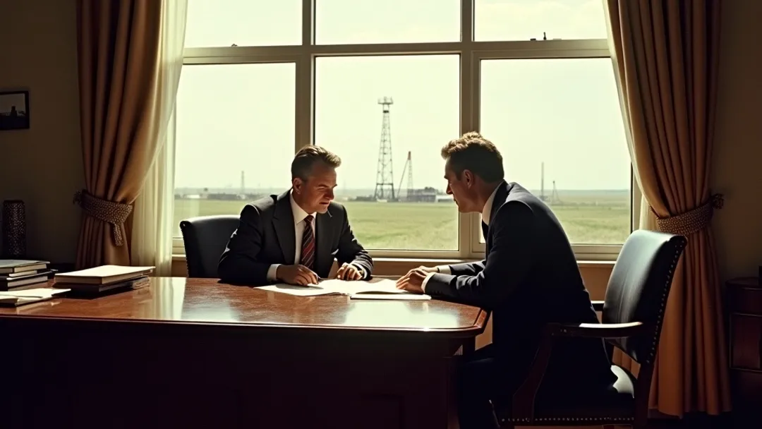 A business owner in period attire reviewing plans with a banker at an oak desk inside a grand office, Alberta prairie landscape and oil derricks visible through the window in the distant background