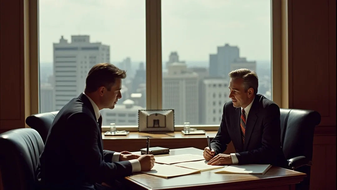 A business owner in period attire reviewing plans with a banker at an oak desk inside a grand office, Winnipeg Exchange District buildings and prairie horizon visible through the window