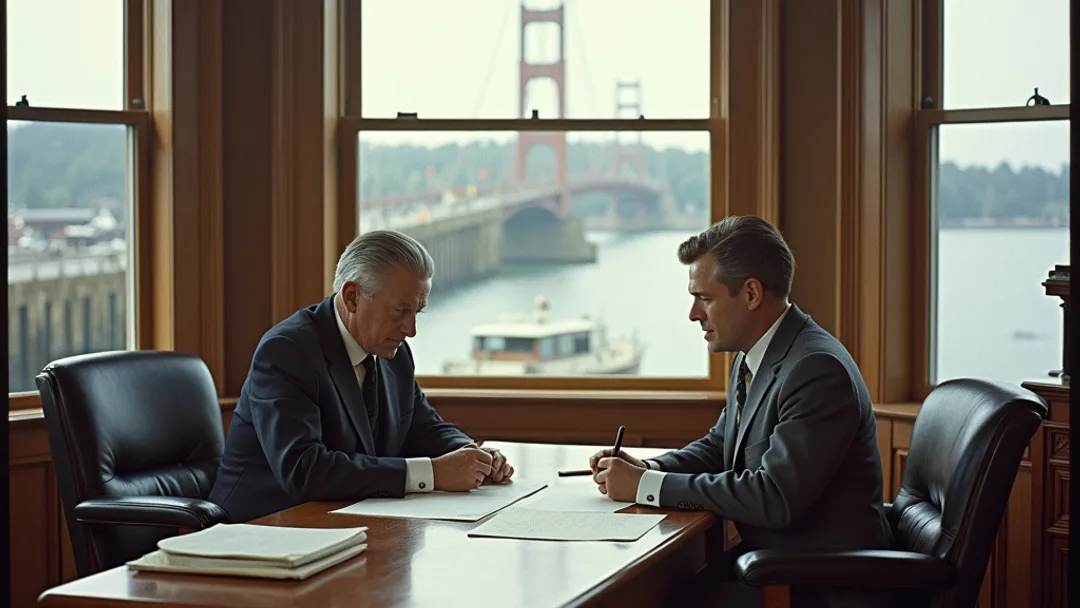 A business owner in period attire reviewing plans with a banker at an oak desk inside a grand office, Maritime harbour and covered bridge visible through the window
