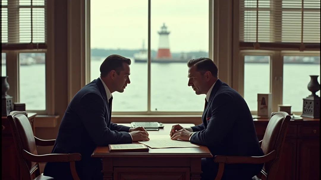 Un propriétaire d'entreprise en tenue d'époque examinant des plans avec un banquier à un bureau en chêne dans un grand bureau, front de mer d'Halifax et phare visibles par la fenêtre