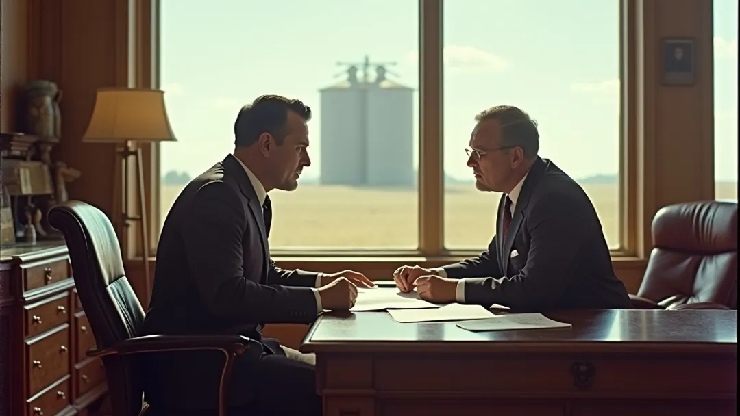 A business owner in period attire reviewing plans with a banker at an oak desk inside a grand office, grain elevators and wide prairie sky visible through the window