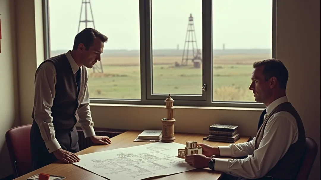 Un architecte des années 1950 en gilet révisant des plans avec un banquier à un bureau avec une maquette de bâtiment, paysage des prairies albertaines visible par la fenêtre en arrière-plan