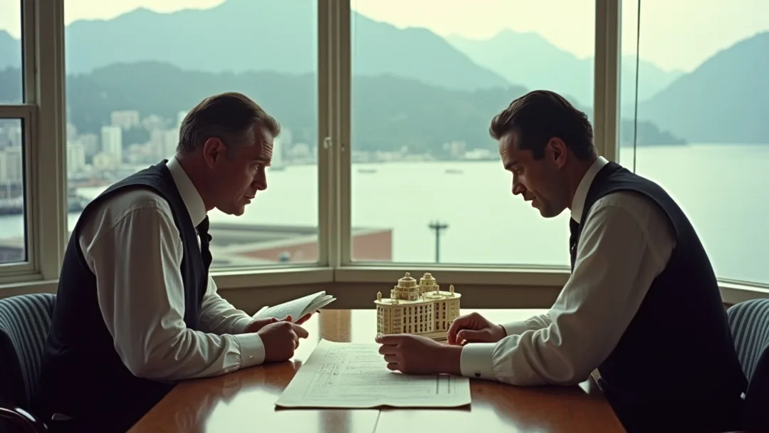 Un architecte des années 1950 en gilet révisant des plans avec un banquier à un bureau avec une maquette de bâtiment, montagnes et port du Pacifique visibles par la fenêtre avec des édifices patrimoniaux de Vancouver