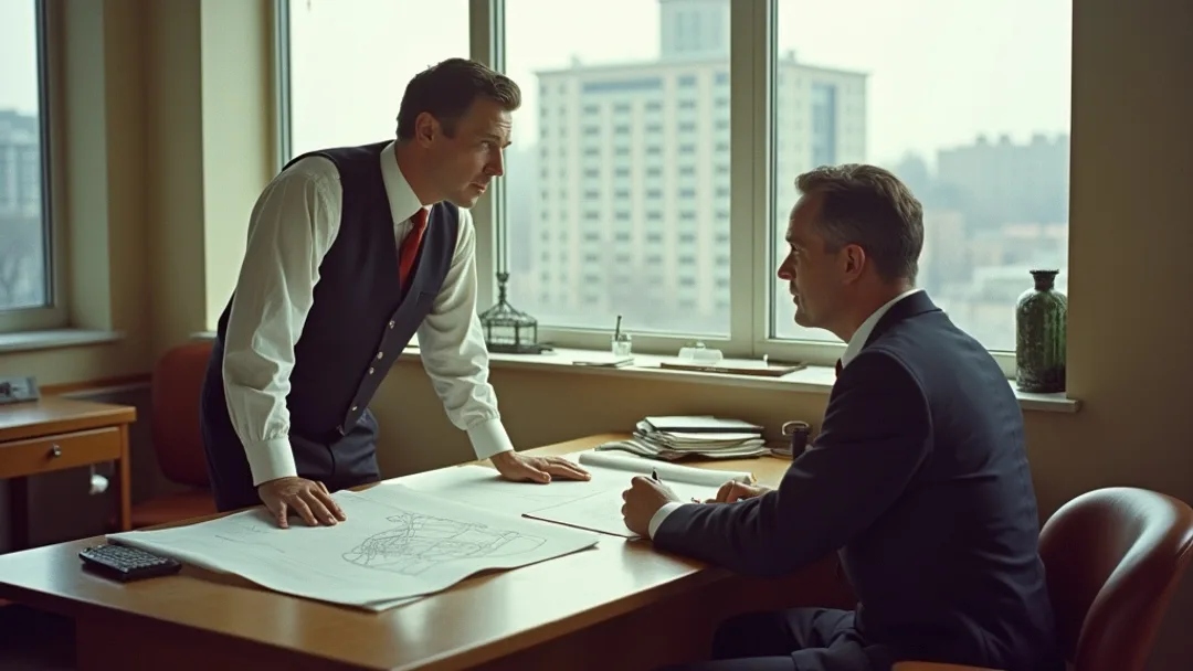 Un architecte des années 1950 en gilet révisant des plans avec un banquier à un bureau avec une maquette de bâtiment, les bâtiments du quartier de la Bourse de Winnipeg et l'horizon des prairies visibles par la fenêtre