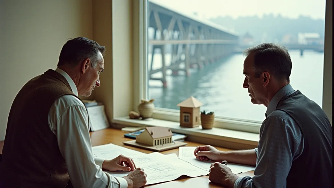 A 1950s architect in a vest reviewing blueprints with a banker at a desk with a building model, Maritime harbour and covered bridge visible through the window