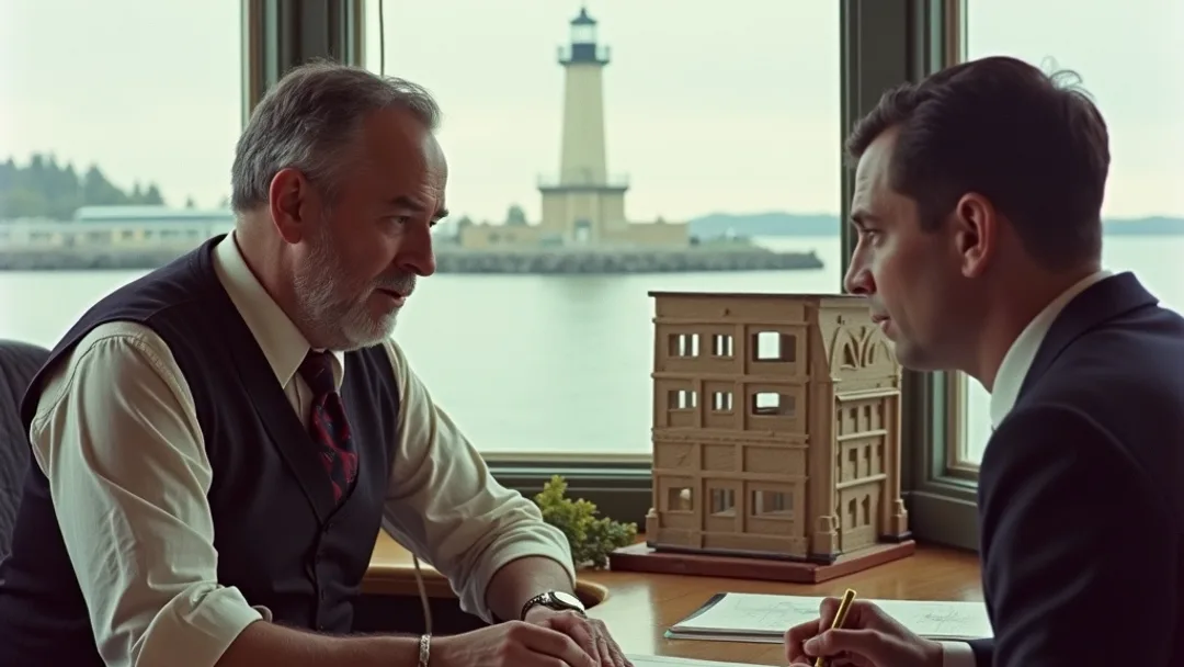 A 1950s architect in a vest reviewing blueprints with a banker at a desk with a building model, Halifax waterfront and lighthouse visible through the window, fishing village atmosphere