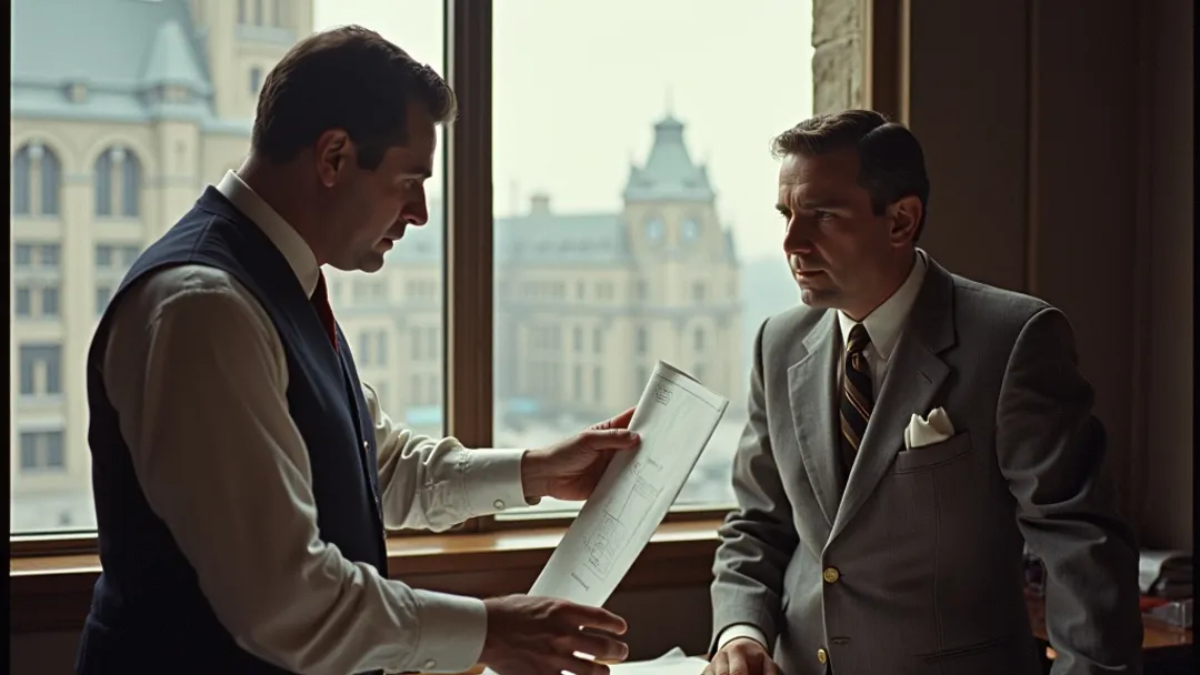 A 1950s architect in a vest reviewing blueprints with a banker at a desk with a building model, Toronto old city hall clock tower and Ontario architectural style visible through the window
