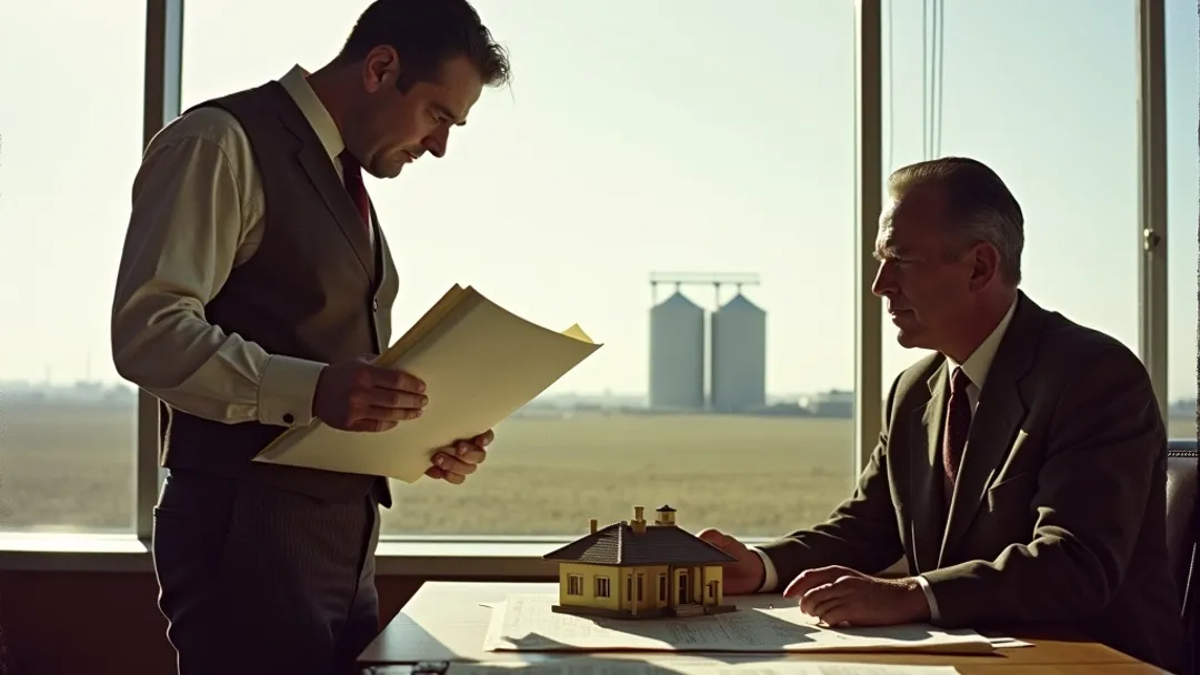 A 1950s architect in a vest reviewing blueprints with a banker at a desk with a building model, grain elevators and wide prairie sky visible through the window