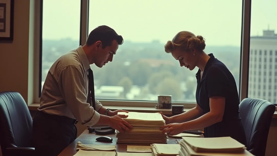 A 1950s vintage Kodachrome photograph of a couple sitting at a banker's desk organizing stacks of papers into one neat folder, Winnipeg Exchange District buildings and flat prairie horizon visible through the window