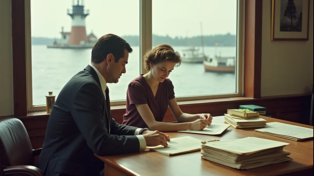 Photographie vintage Kodachrome des années 1950 d'un couple au bureau d'un banquier organisant des piles de papiers dans un seul dossier bien rangé, front de mer de Halifax et phare visibles à travers la fenêtre, atmosphère de village de pêcheurs, tons chauds et grain naturel