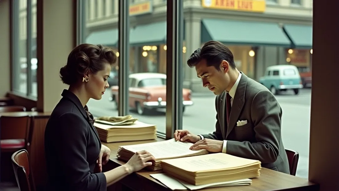 Photographie vintage Kodachrome des années 1950 d'un couple au bureau d'un banquier organisant des piles de papiers dans un seul dossier bien rangé, rues pavées du Vieux-Montréal et architecture de la ville de Québec visibles à travers la fenêtre avec signalisation francophone, tons chauds et grain naturel