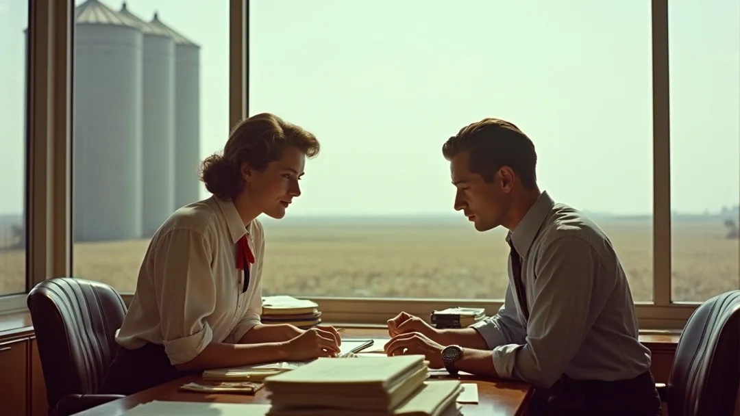 Photographie vintage Kodachrome des années 1950 d'un couple assis au bureau d'un banquier, organisant des piles de papiers dans un seul dossier bien rangé, élévateurs à grain et vaste ciel de prairie visibles à travers la fenêtre