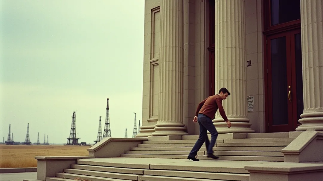 A person hurrying up the steps of a grand stone bank building with Alberta prairie landscape and oil derricks visible in the distant background, 1950s vintage Kodachrome photograph style