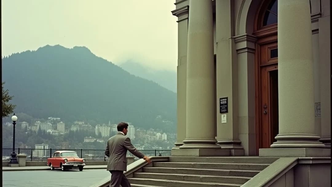 A person hurrying up the steps of a grand stone bank building with mountains and a Pacific harbor visible in the distant background alongside Vancouver heritage buildings, 1950s vintage Kodachrome photograph style
