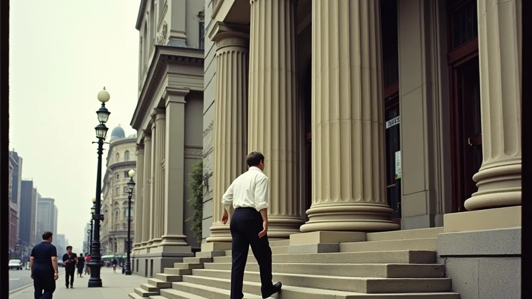 Une personne montant les marches d'un imposant édifice bancaire en pierre, avec les bâtiments du quartier de la Bourse de Winnipeg et l'horizon des Prairies en arrière-plan, style photographie Kodachrome vintage des années 1950