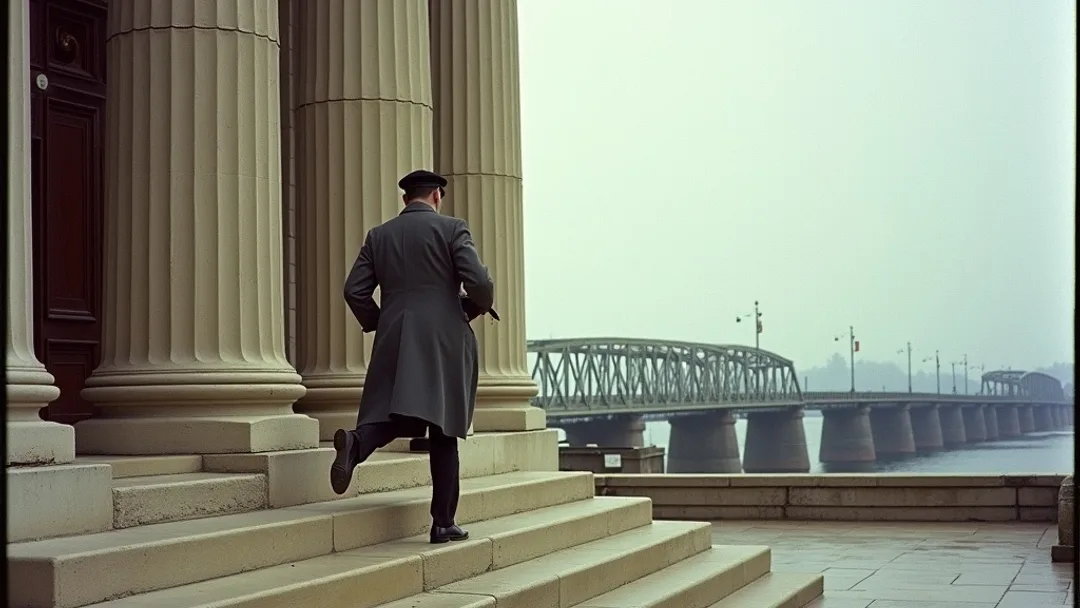 A person hurrying up the steps of a grand stone bank building, Maritime harbour and covered bridge visible in the distant background, 1950s vintage Kodachrome photograph style
