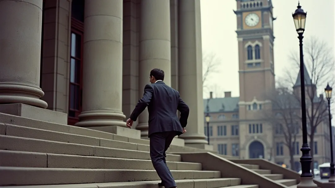 A person hurrying up the steps of a grand stone bank building, Toronto old city hall clock tower visible in the distant background, 1950s vintage Kodachrome photograph style